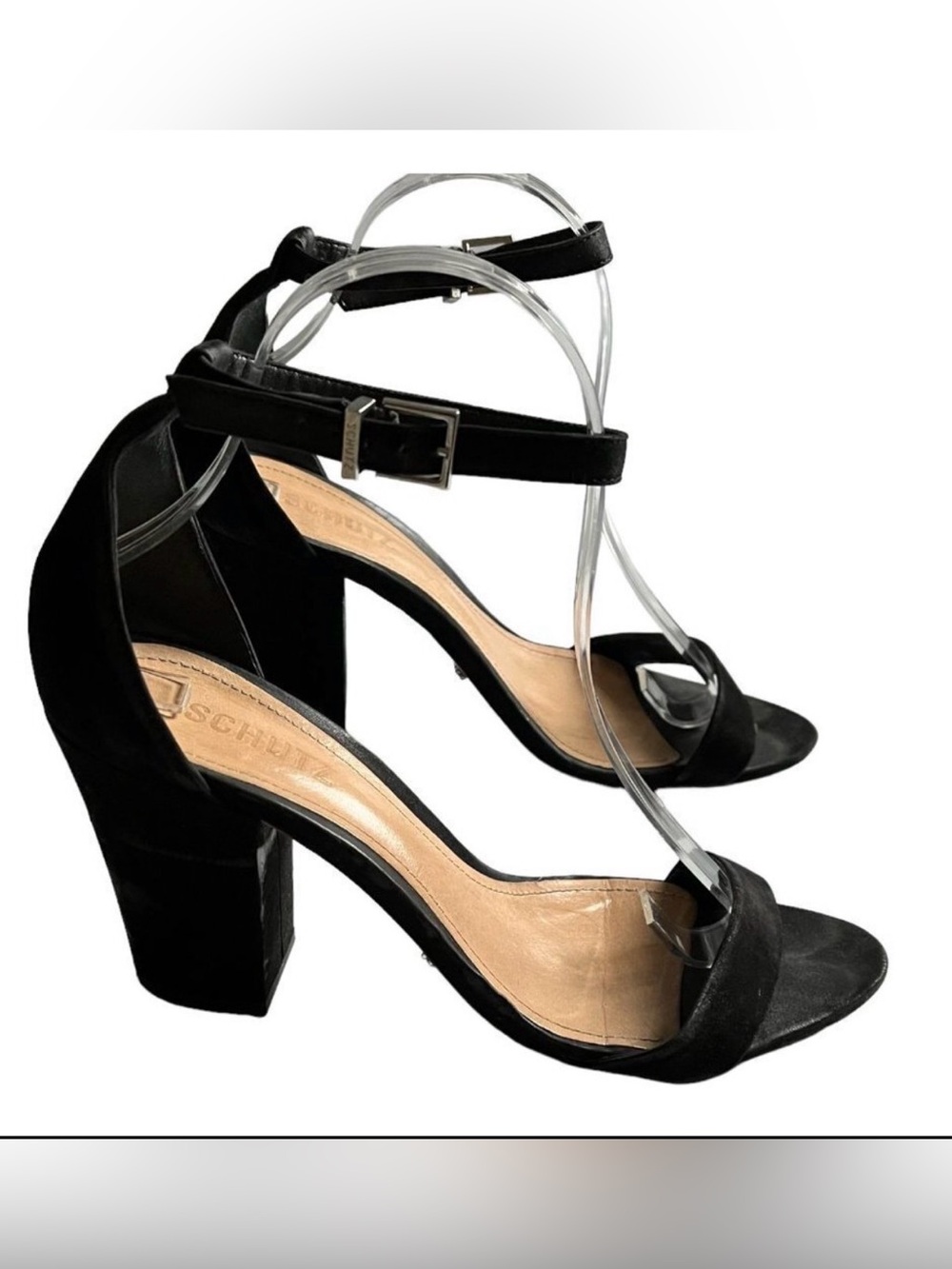 SCHUTZ Black Suede Block Heel Ankle Strap Sandals